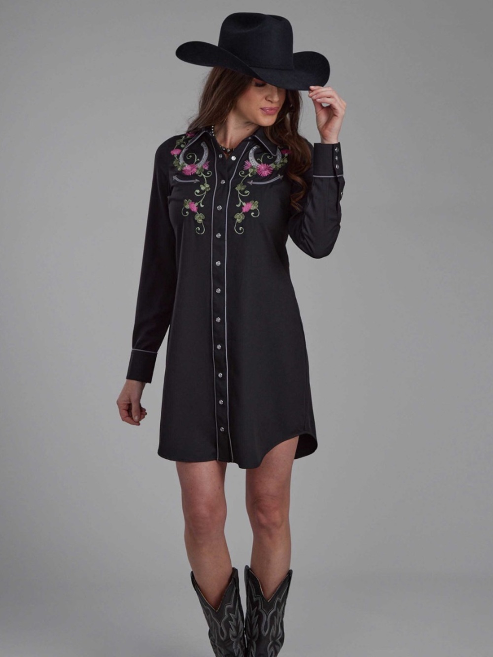 Roper Black Long-Sleeve Western Shirt Dress with Pink & Green Embroidery
